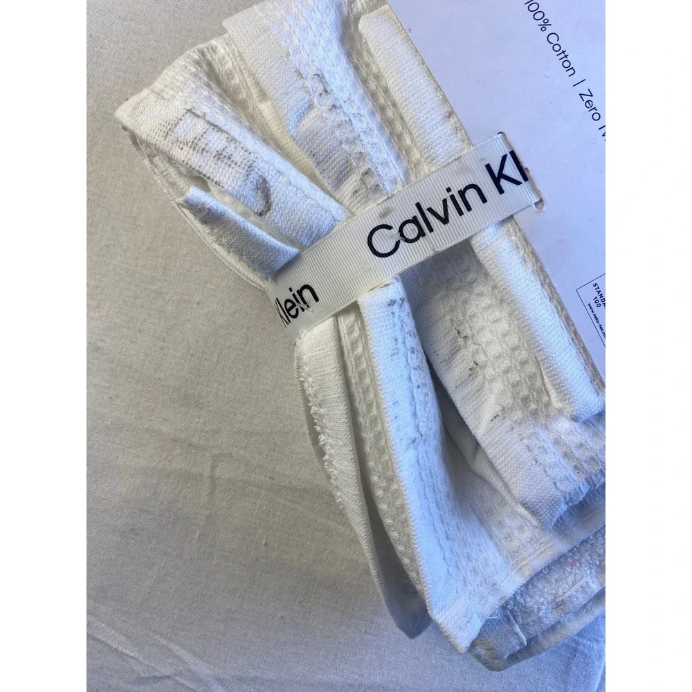 Calvin Klein Eternity Solid White 3 Piece Towel Set 100% Cotton Waffle Weave NEW